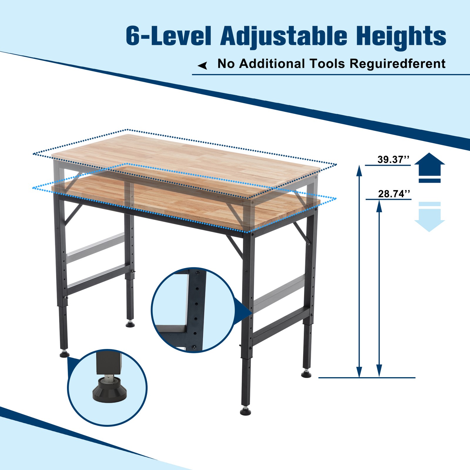 48" Adjustable Workbench Garage Shop Table Rubber Wood 2000 Lbs Capacity