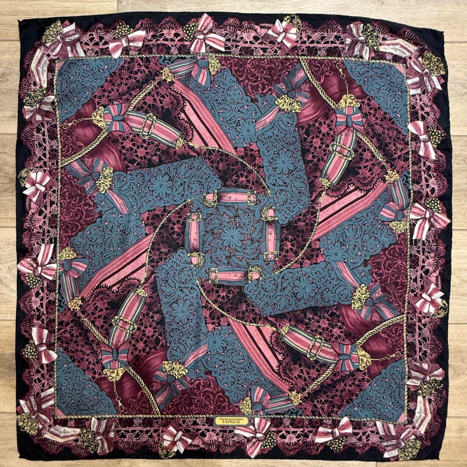 Vintage Express Square Silk Scarf Black Burgundy Lace Bow Chain Dark Coquette