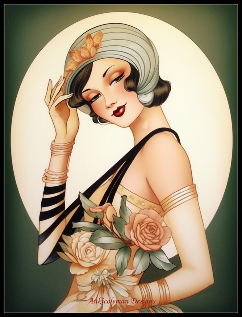 Art Deco Lady Happy 2 - Chart Counted Cross Stitch Patterns Needlework DMC Color