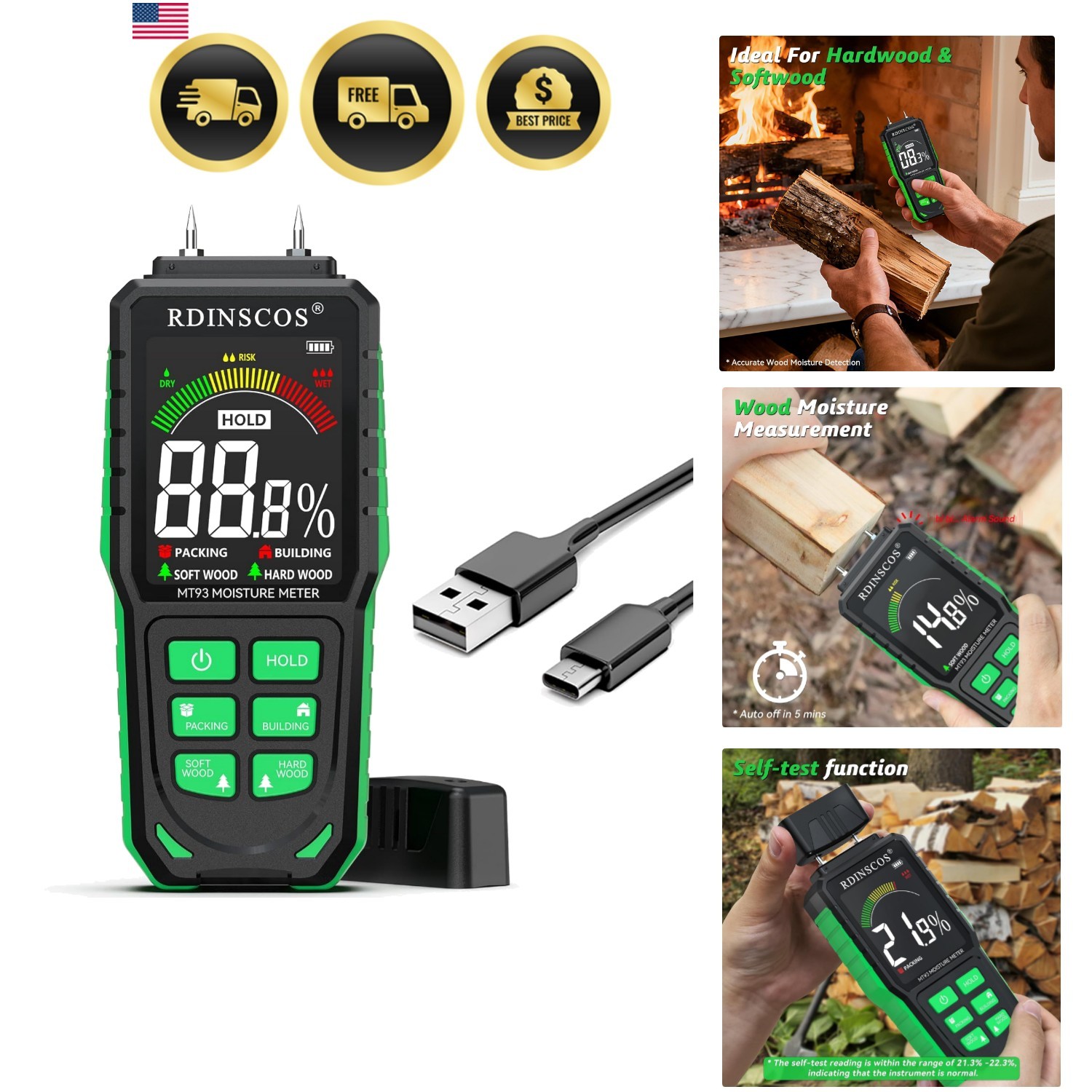 Rechargeable Moisture Meter for Wood, Drywall & Flooring | Pin-Type Moisture ...