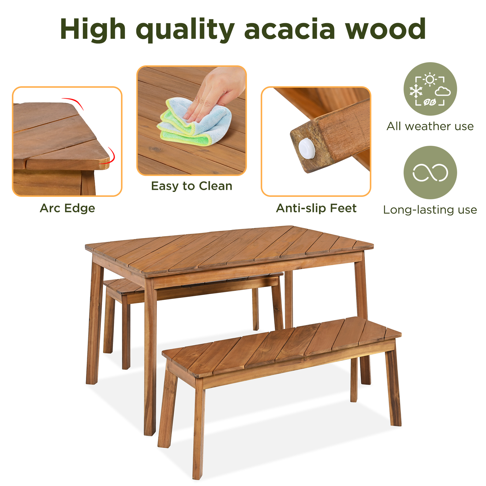 3 Pieces Table Bench Dining Set Picnic Beer Table & 2 Benches for Patio Garden
