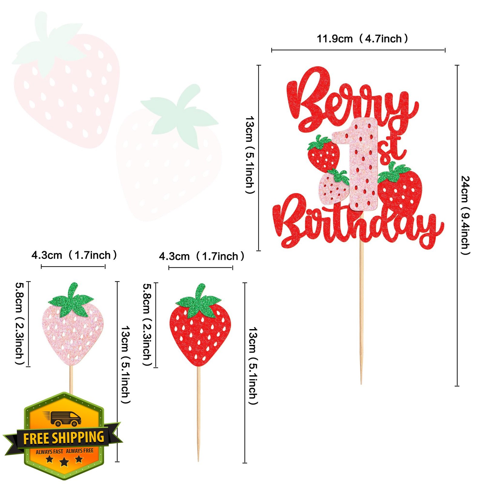 Cyodoos Strawberry Cupcake Toppers, 25 Pcs Red Berry Birthday Party Decor
