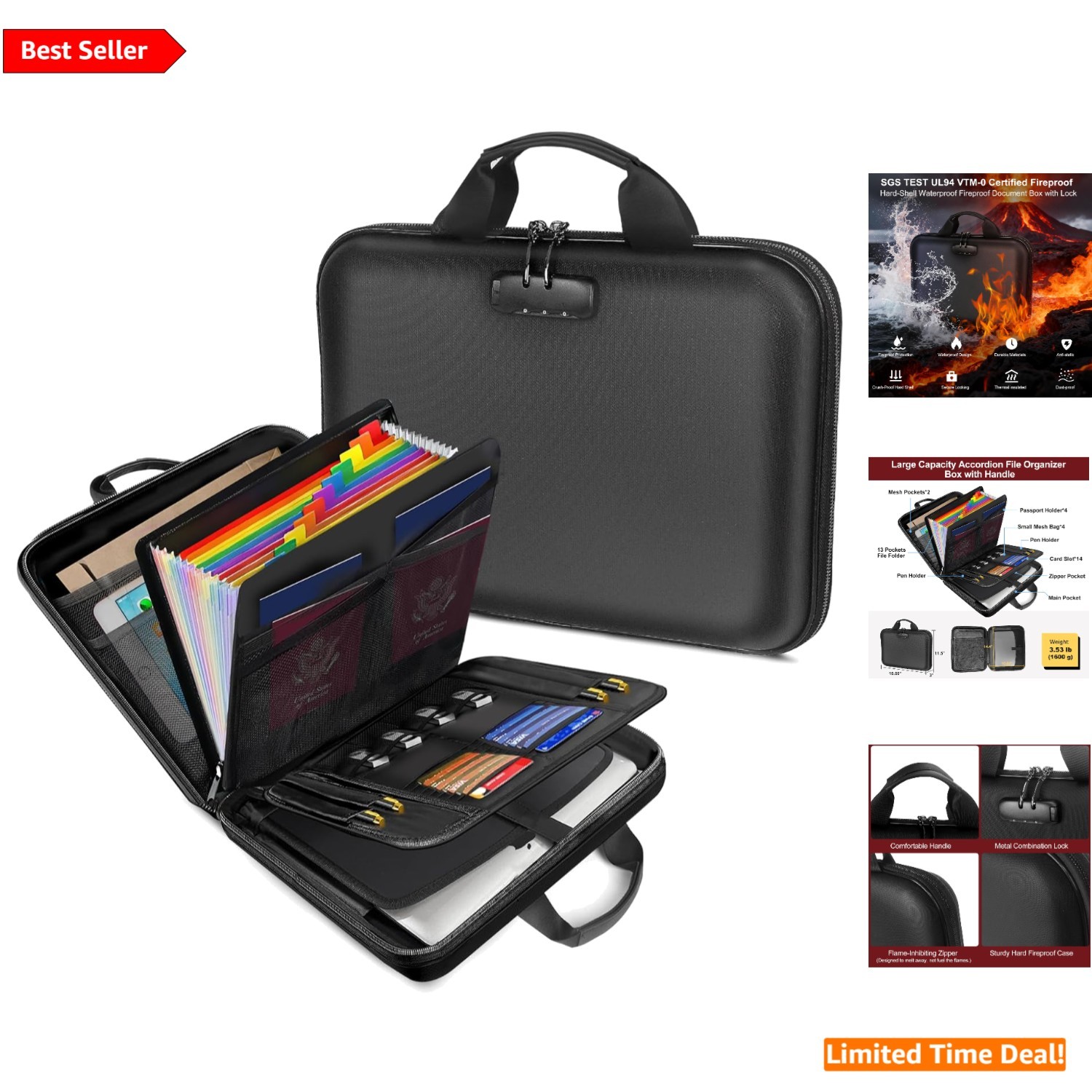 Secure Hard-Shell Fireproof Document Box with Combination Lock - 42 Compartments