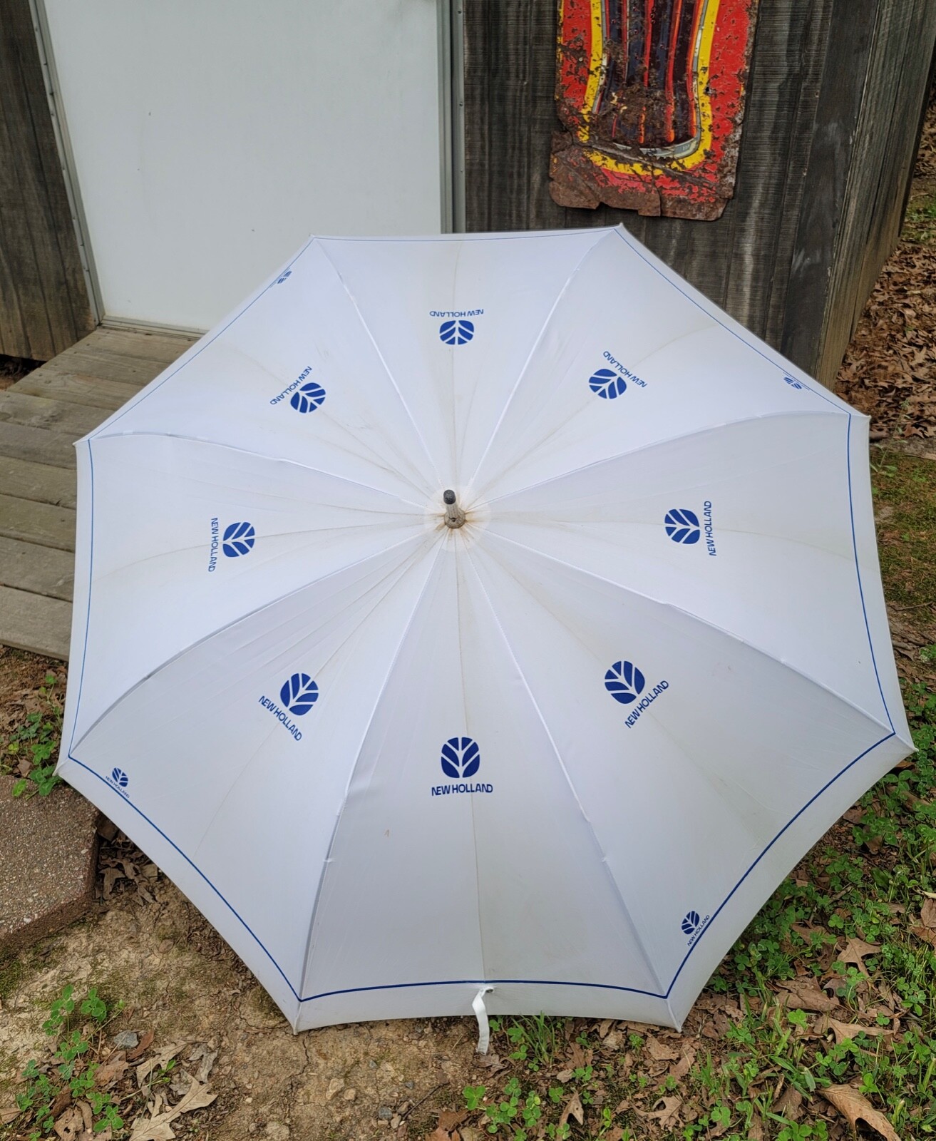 New Holland Umbrella 45.5” 220cm White with Blue Writing - Blue Wooden Handle