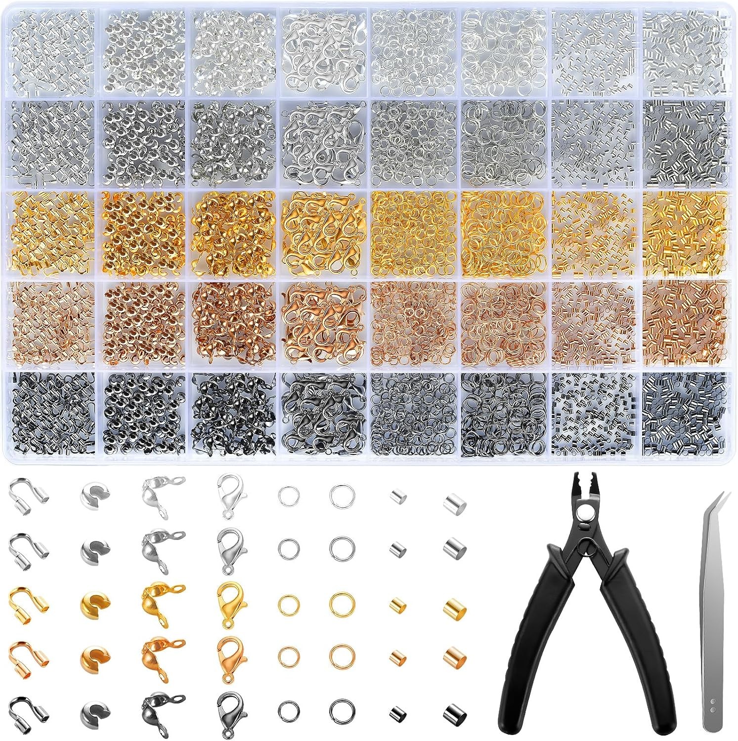 Jewelry Making Kit with 2425pcs Crimp Beads, Tubes, Covers, Wire Guards & More