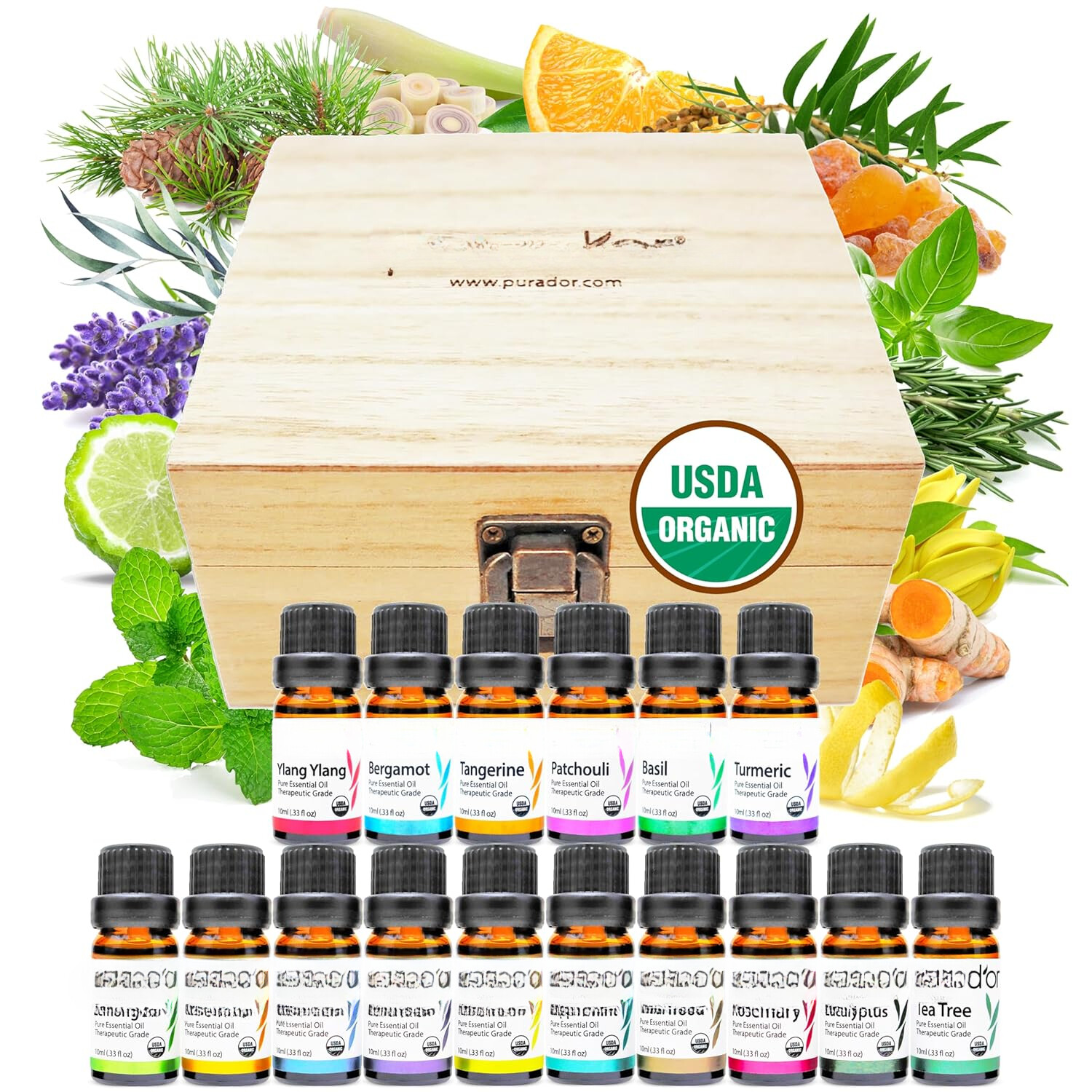 Organic Essential Oil Set - 16x 10mL Wooden Box Aromatherapy Gift Set
