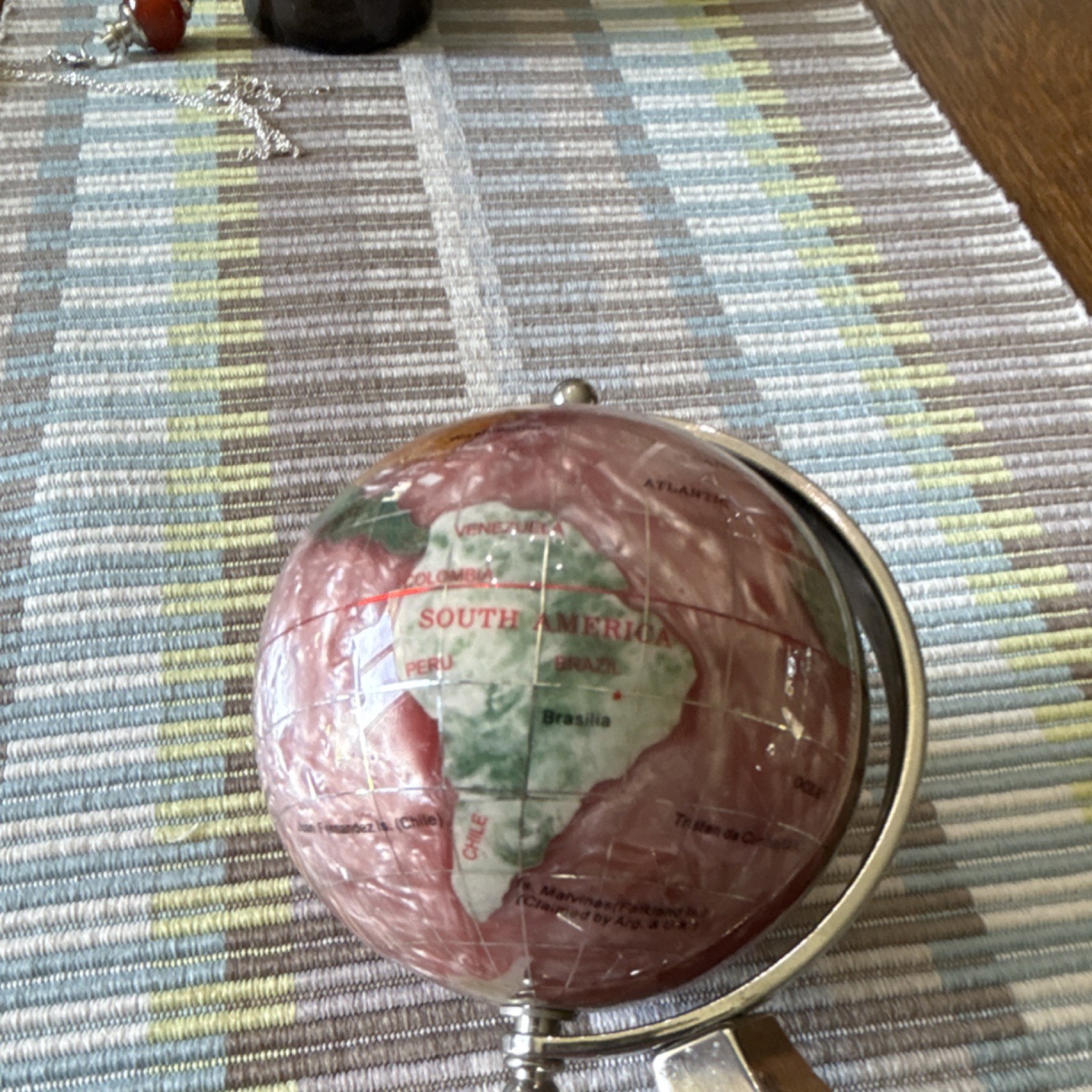 Gemstone Decorative Tabletop Globe Multicolor Metallic Base 5in Small Rotating