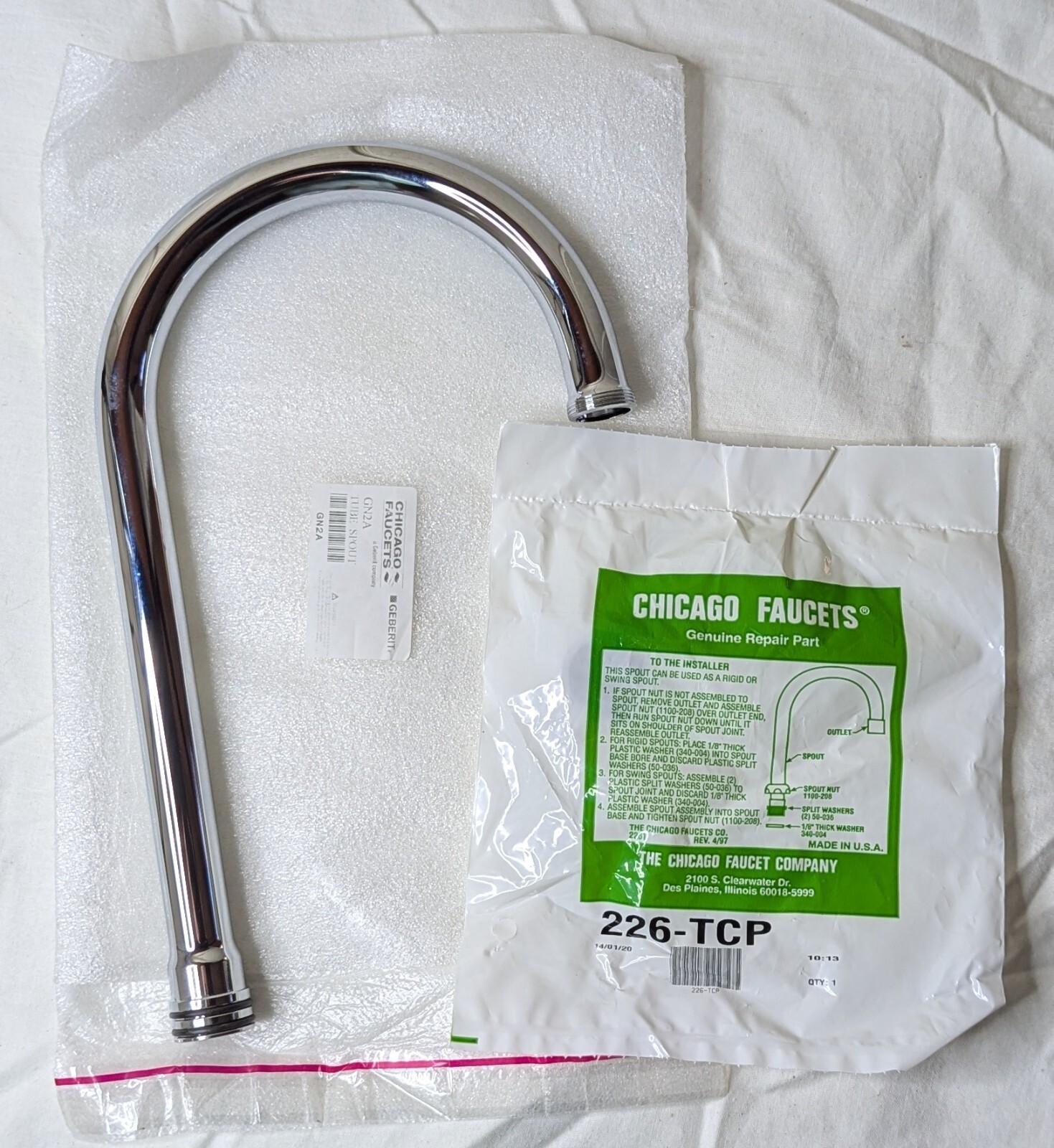Chicago Faucets GN2AJKABCP 5-1/4" Rigid/swing gooseneck spout - New