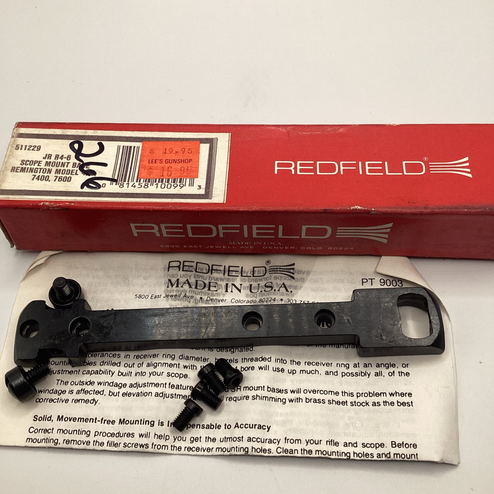 Redfield 511229 JR R4-6 Scope Mount Base Remington 4 6 7400 7600 w/ Box / paper