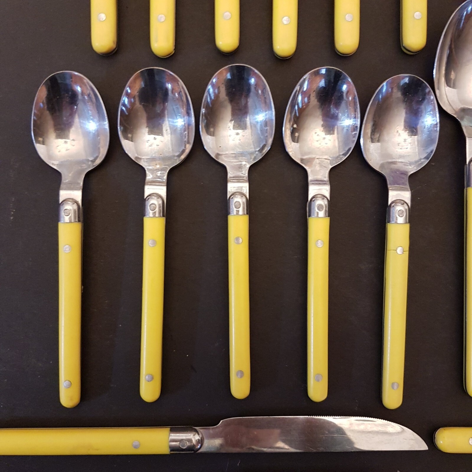 Crown Corning Yellow Riveted Handle Spoon Fork Knife LOT Stainless Flatware