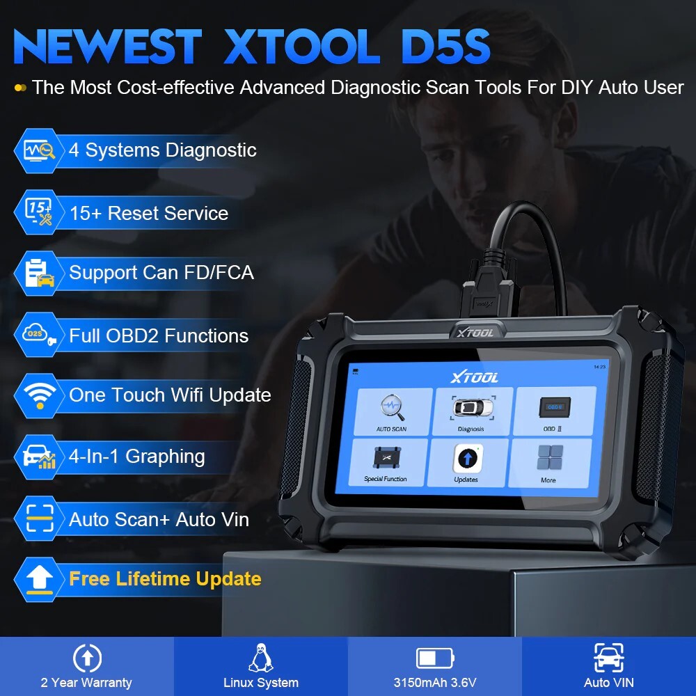 XTOOL D5S Check Engine OBD2 Scanner Transmission ABS SRS Code Reader Diagnostic