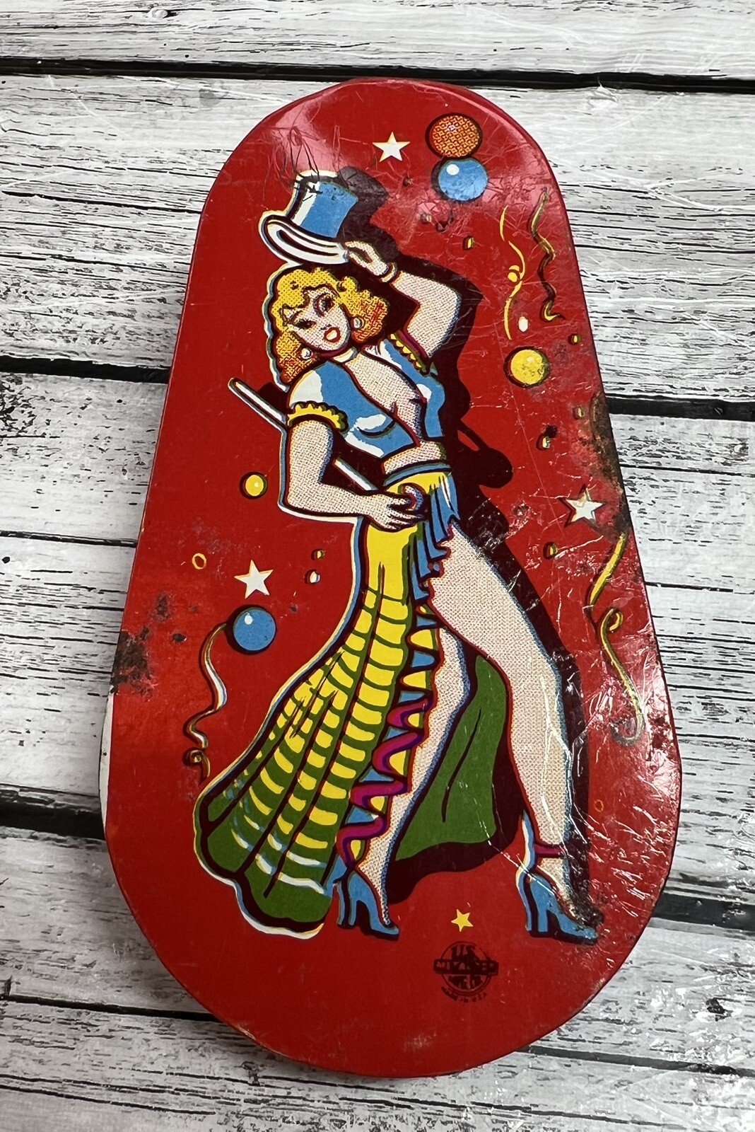 VINTAGE WOMAN PARTY 6 INCH NOISE MAKER RED METAL COMPANY TOY 1950'S