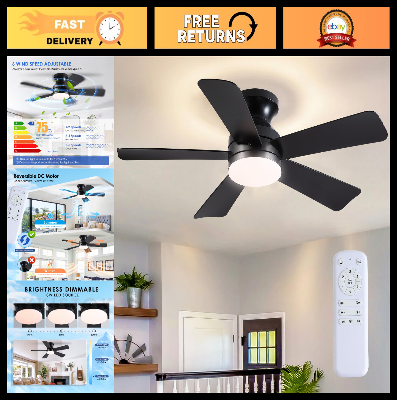 41" Black Ceiling Fan with Lights & Remote, Dimmable LED, 6 Speeds, Reversible,