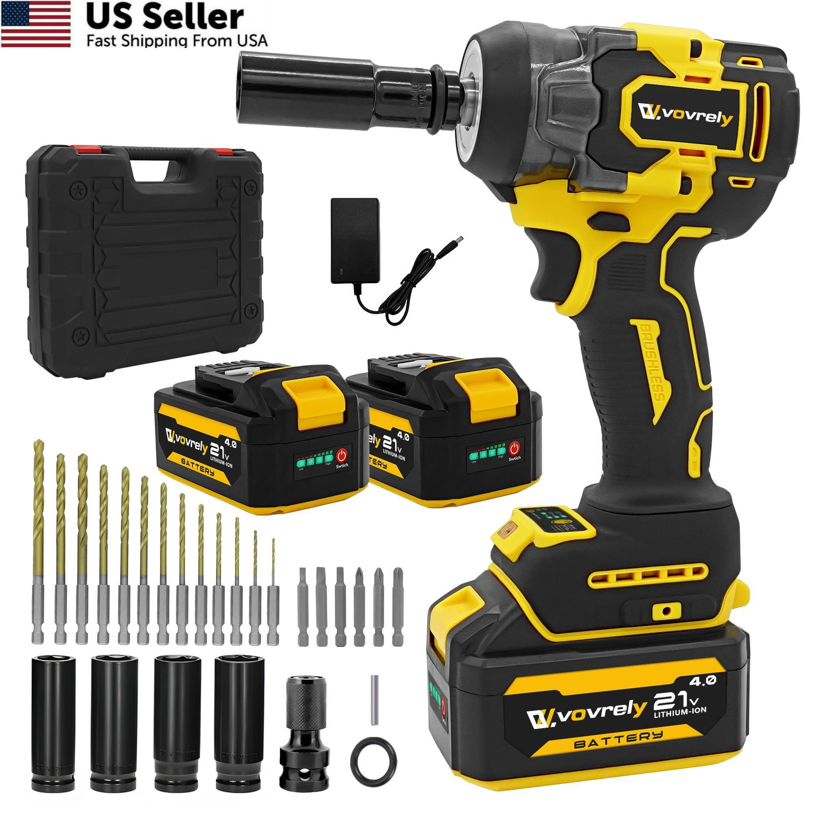 VOVRELY Cordless Impact Wrench 480 Ft-lbs(650N.m) High Torque 1/2 Yellow
