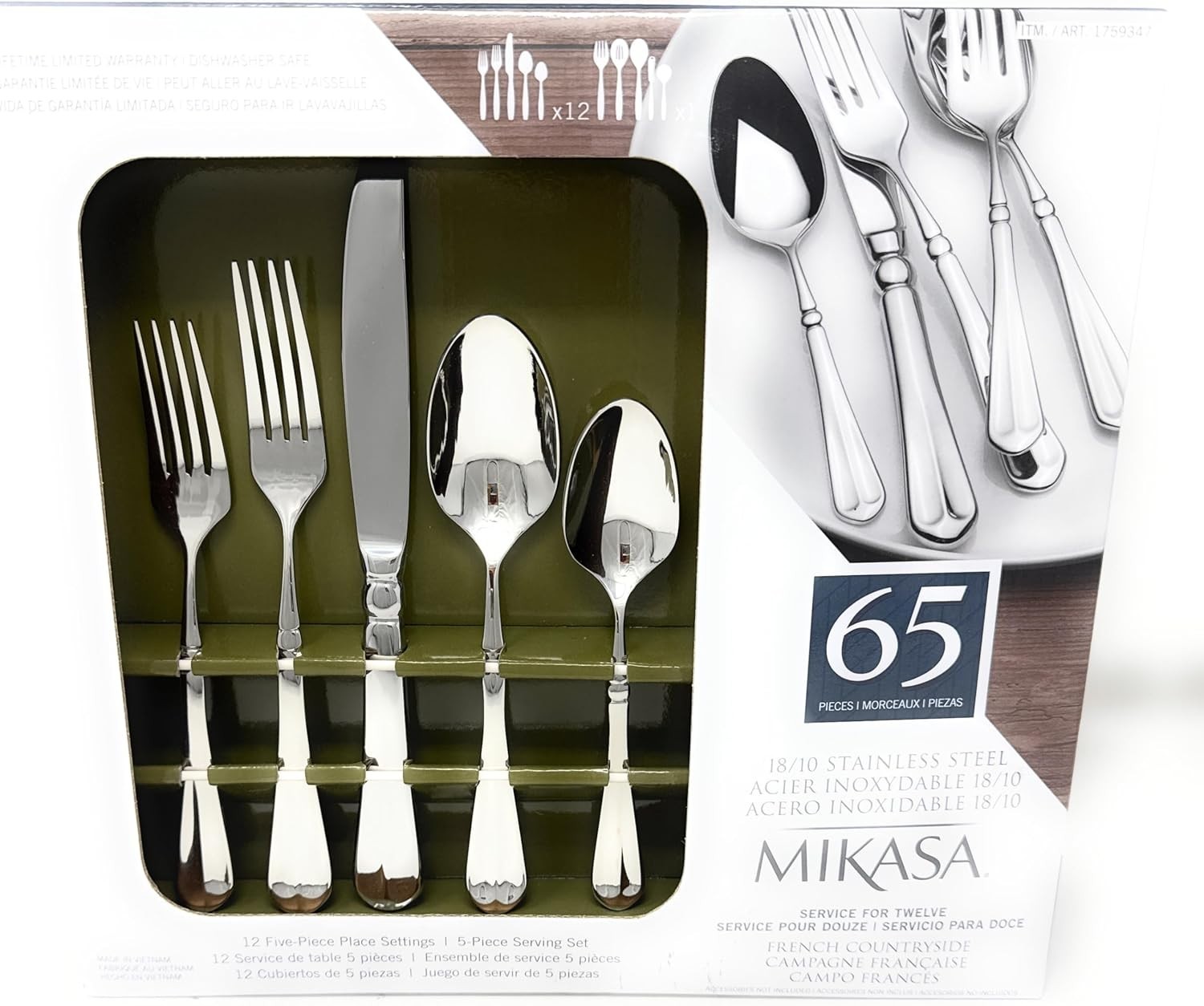 Mikasa Flatware Set 65Pc w/ 5Pc Serving Set French Countryside Design 18/10 SS