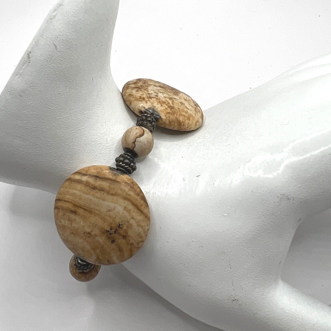 Handmade Brown Glass Beaded Bracelet Gold Orange Swirls Stripes