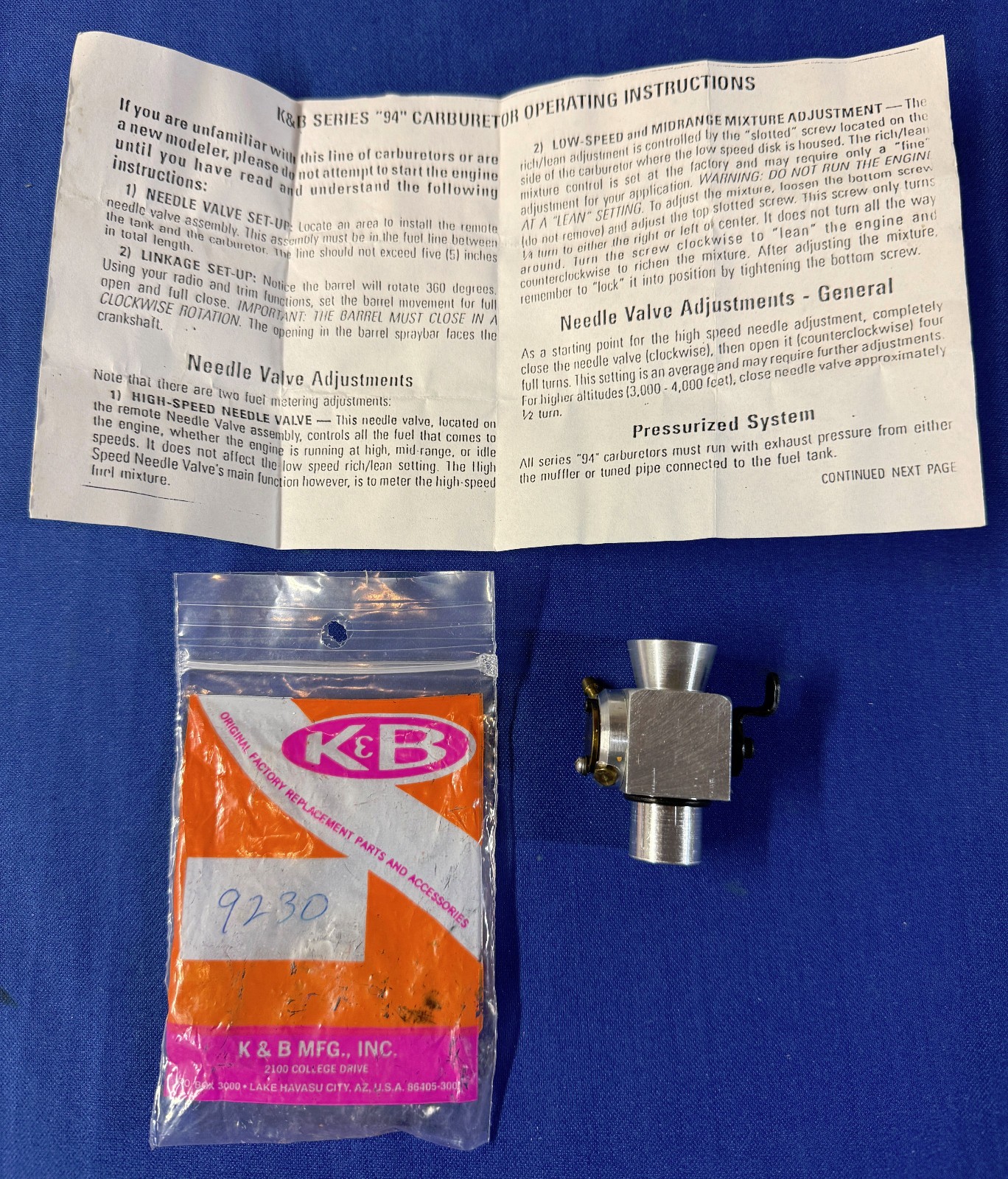 9230 K&B Series 94 Sq Carburetor Used On 7.5, ,67, .82, .91 & 1.00 Nitro Engines