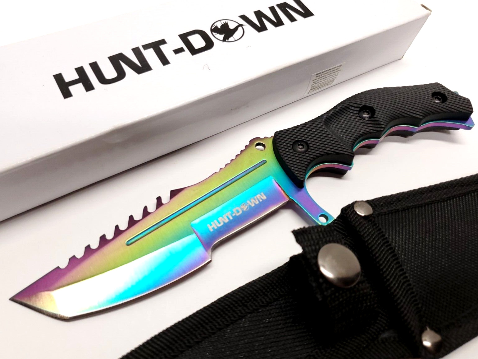 Full Tang Fixed Blade Knife Sawback Hunt Down Rainbow