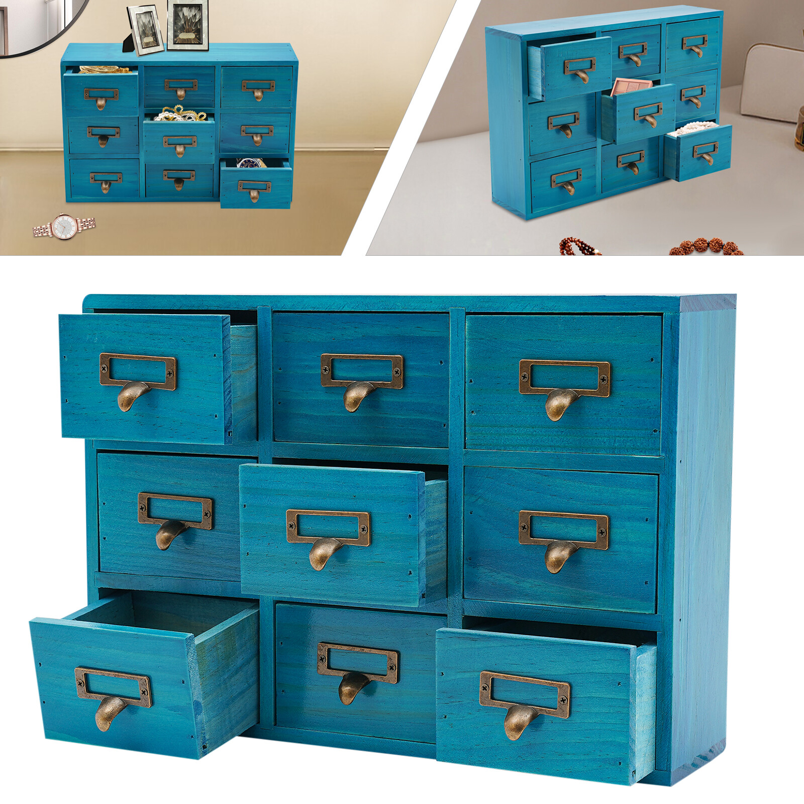 9-Drawer Wooden Storage Cabinet - Rustic Organizer for Home & Office