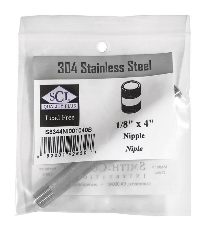 Smith-Cooper 4632100050 Stainless Steel Lead-Free Nipple 1/8 MPT x 4 L in.