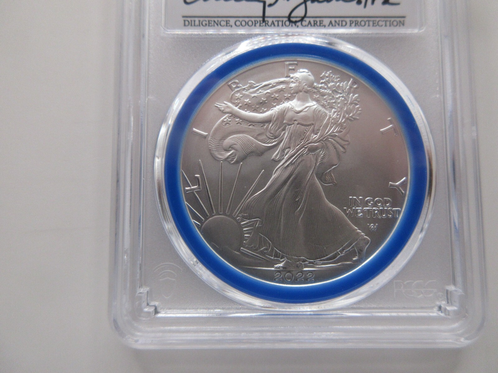 2022-W Burnished Silver Eagle Advanced Release; Mint Designer Damstra PCGS SP70