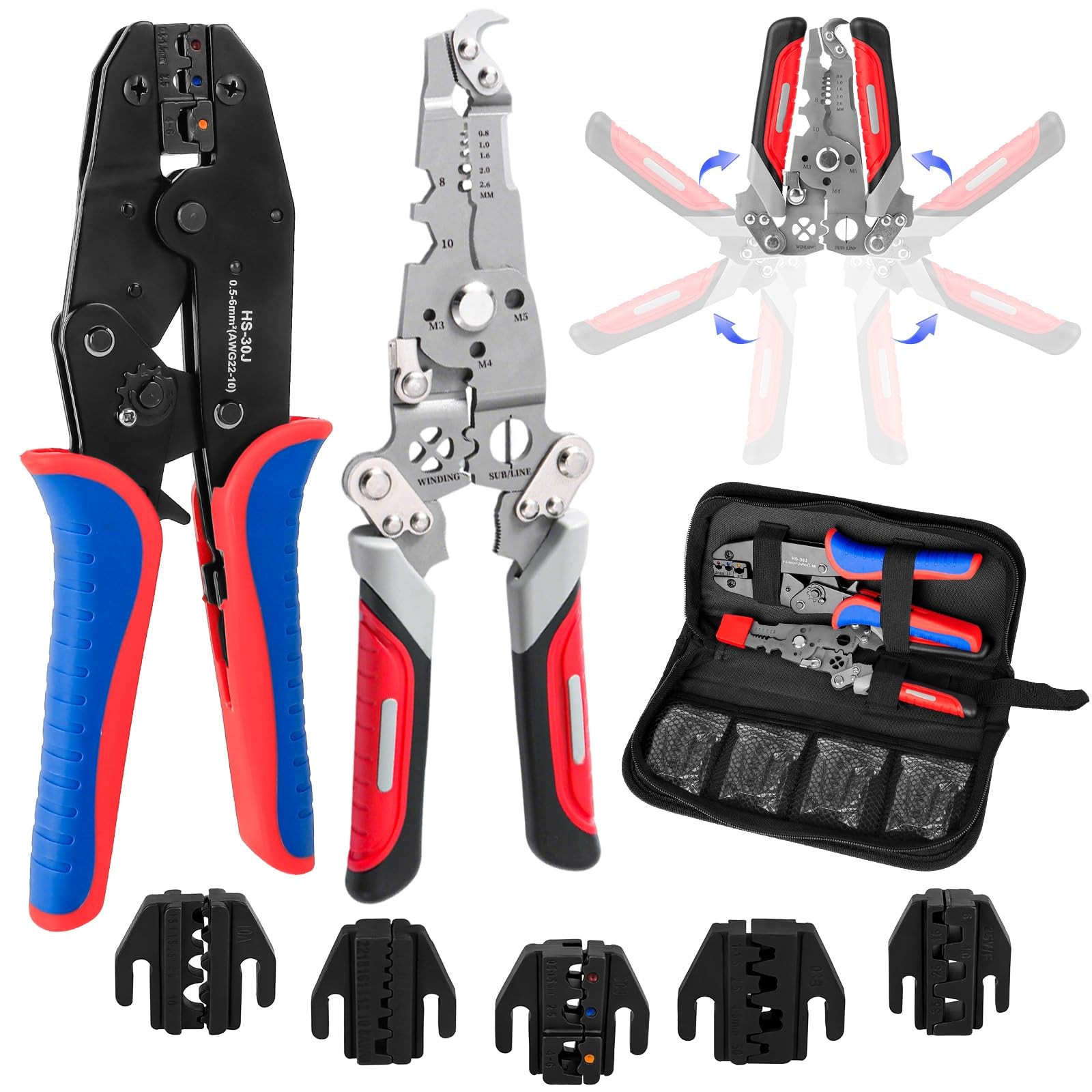 Wire Crimping Tool Set, 5 Interchangeable Jaws, Wire Stripper, AWG 20-2 Kit