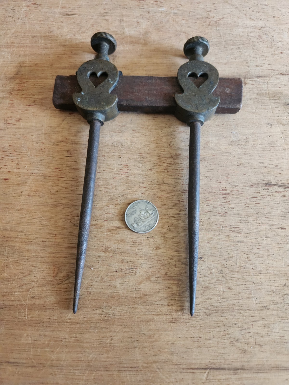 Antique Brass Steel Trammel Points Pierced Heart 8" Long Overall Vintage Pair