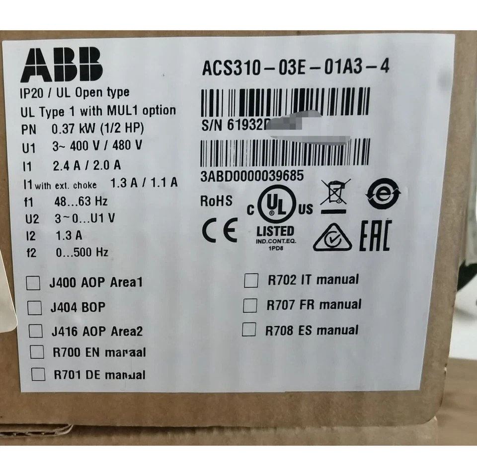 NEW  Inverter ACS310-03E-01A3-4 3P AC380V~480V 0.37KW Free shipping