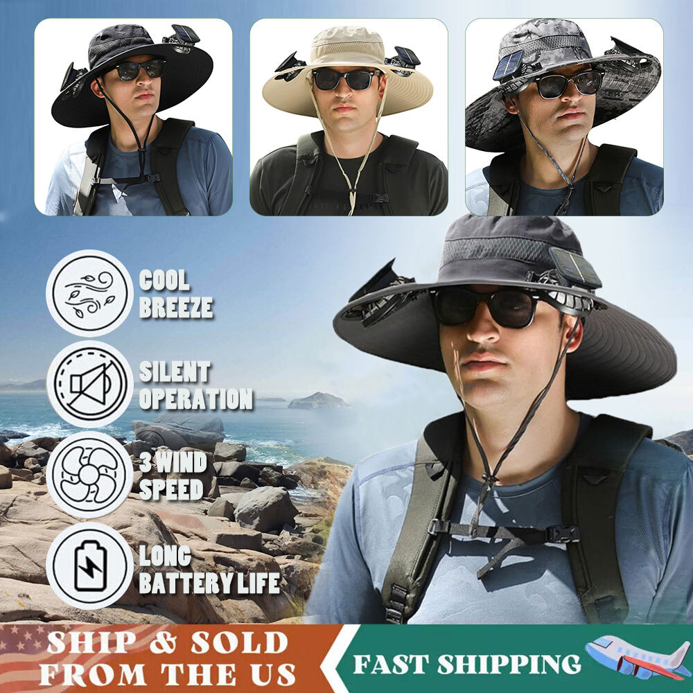 Outdoor Wide Brim Sun Hat with 2 Solar Fan UV Protection Beach Cap for Fishing