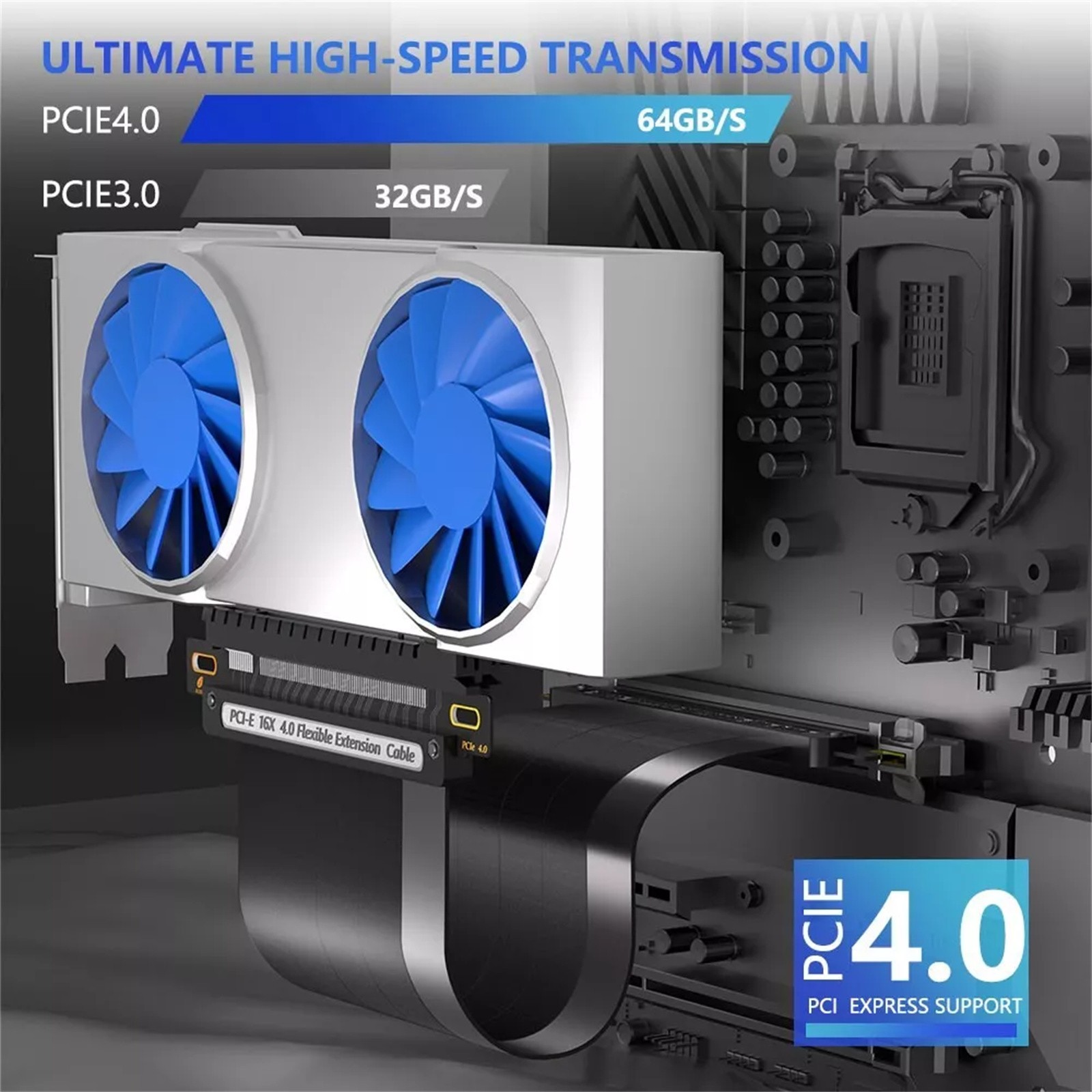 PCI-E 4.0 Extension Cable GPU Riser Cable Compatible With Most GPU/Motherboard