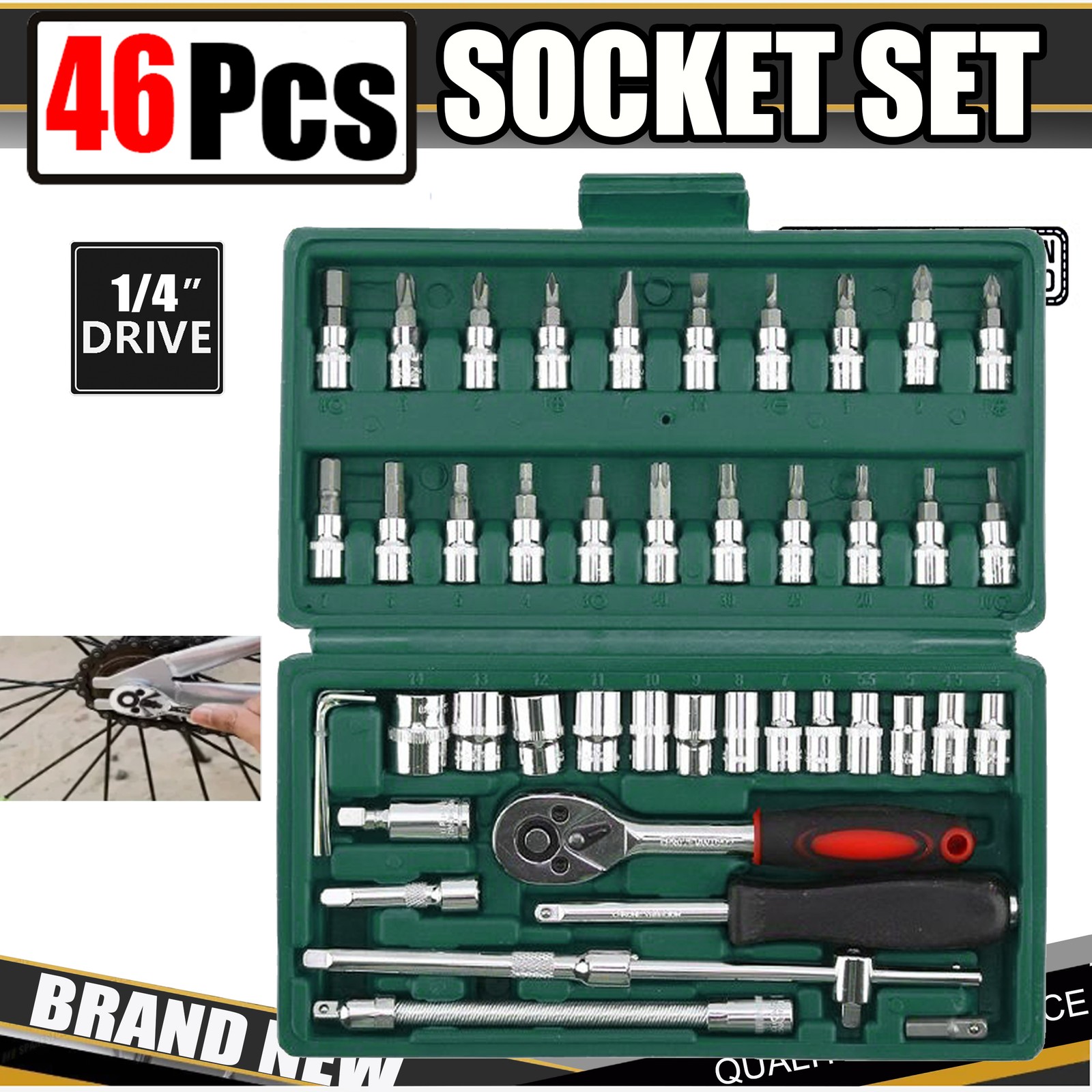 46Pcs Socket Set Ratchet Torx Wrench Kit 1/4" Drive For Car Repair Tools Green