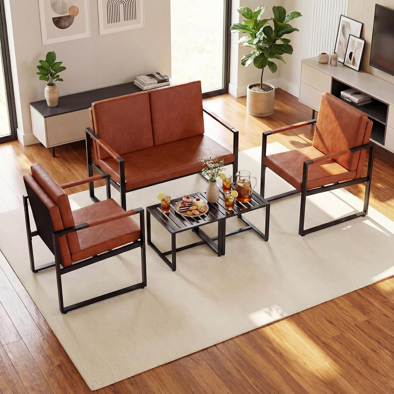 Stylish Brown Loveseat Sofa, 2-Seater with Metal Frame & Removable Cushions