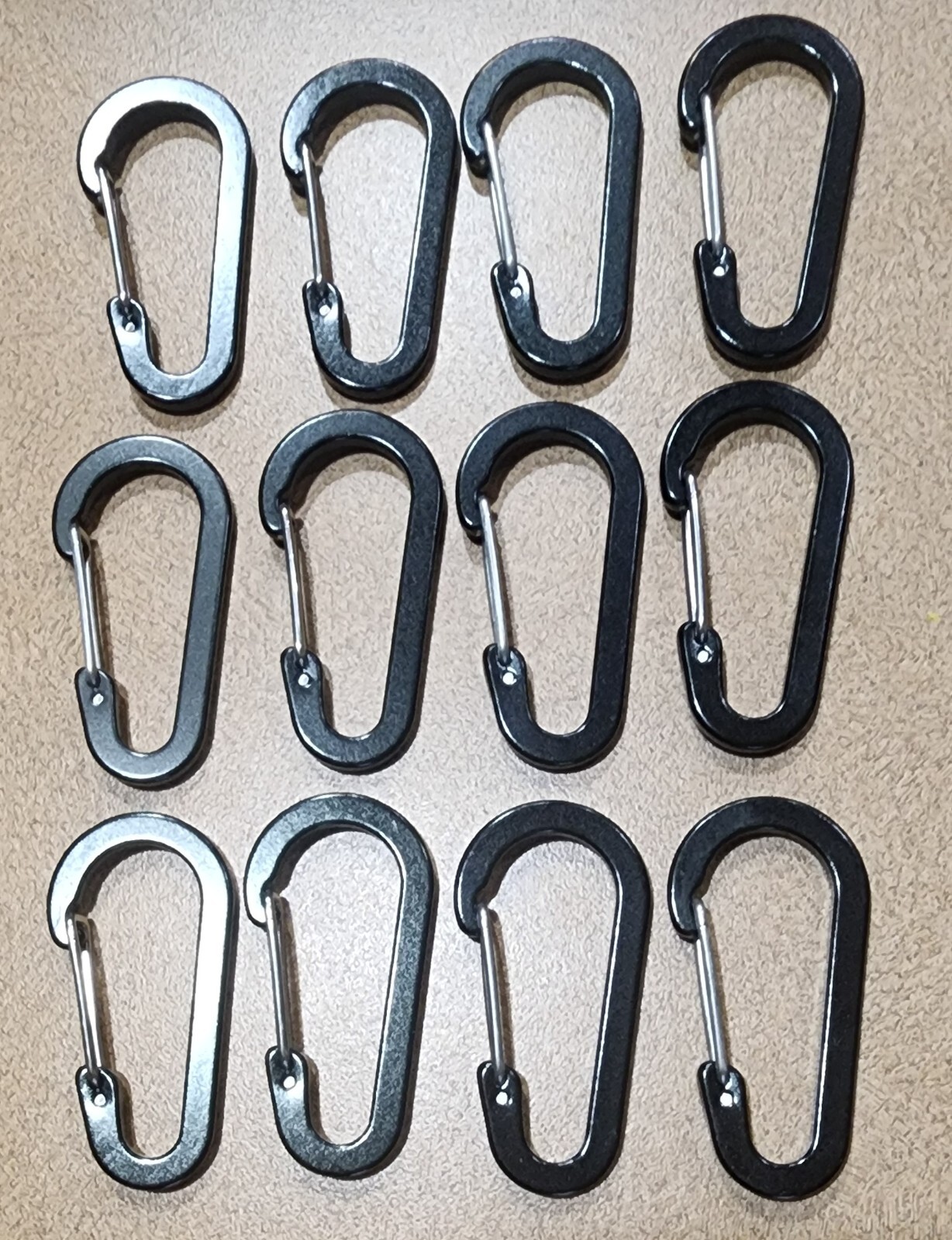 12-Pack Black Aluminum Carabiners • 2 1/3" Spring Snap Hook Keychain Clip Lot
