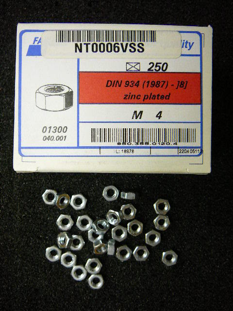 FABOR HEXAGON NUT DIN 934 (M4) Zinc Plated ***NEW*** 01300.040.001  NEW  Qty.100