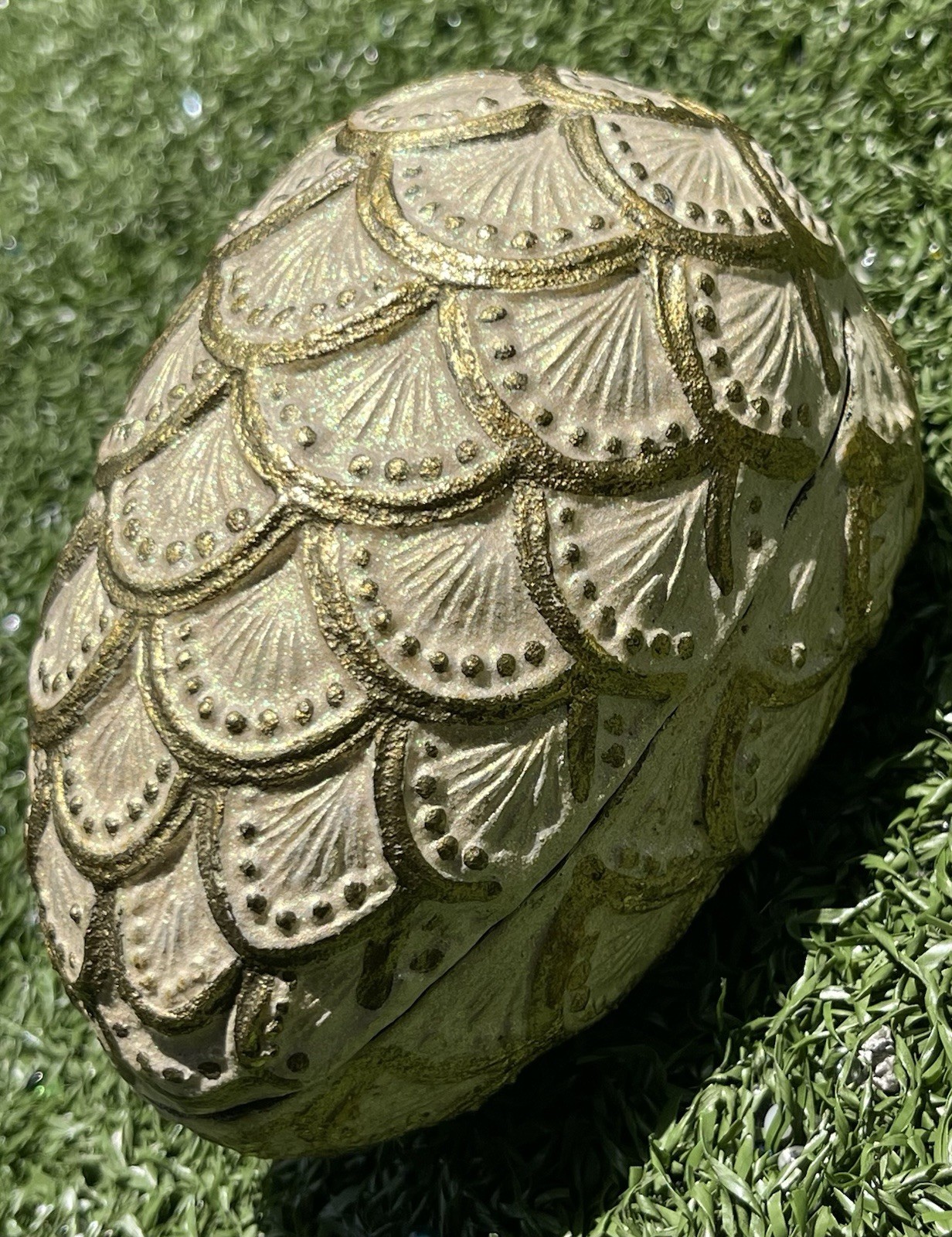 Vintage Ornate Decorative Egg Trinket Box Gold Scallop Design 6”
