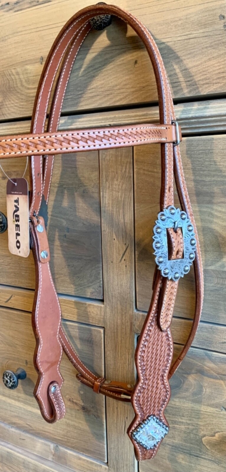 Western Browband Headstall Basket Weave Crystal Ends Concho Buckles Chestnut