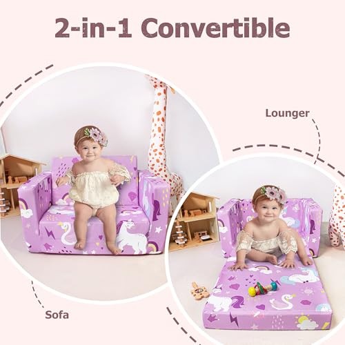 Kids Couch, 2-in-1 Toddler Sofa Fold Out, Soft Toddler Chair for Purple Unicorn