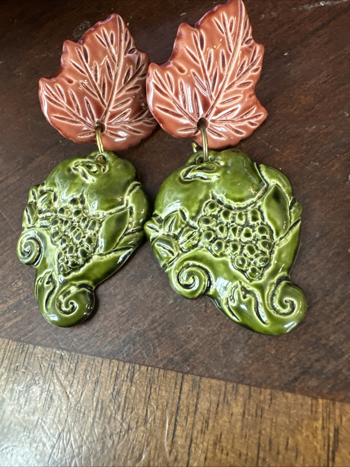 Clip On Leaf Earrings Brown Green Retro Boho Classic