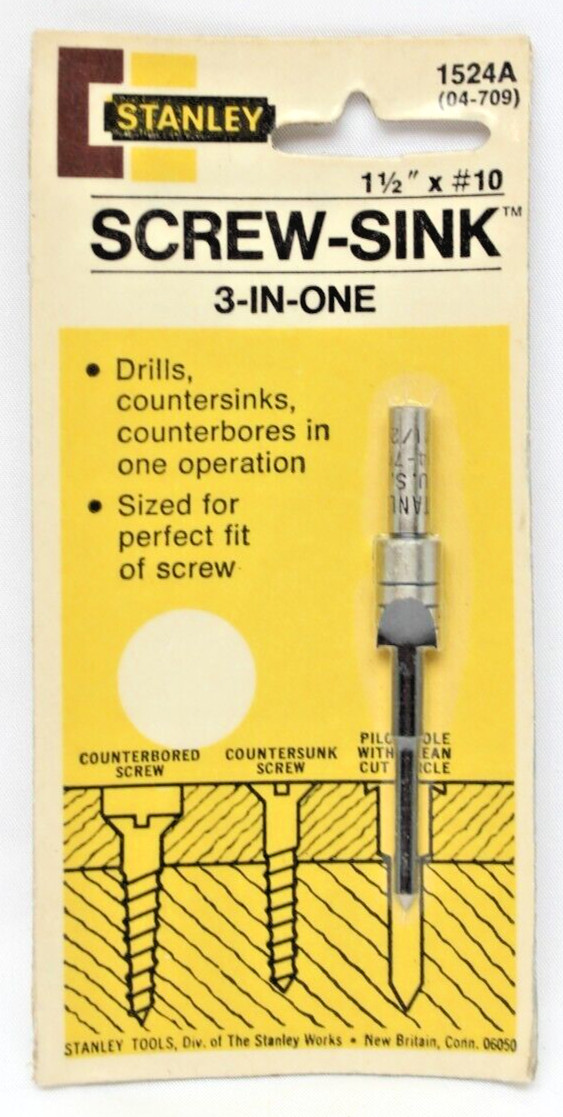 RARE Vintage Stanley 3-In-One Screw-Sink 1-1/2" x #10 #1524A (04-709) USA NOS