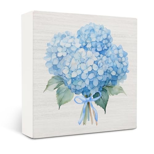 Blue Hydrangea Bow Wooden Signs,Blue Bow Spring Flowers Bouquet Wooden Box