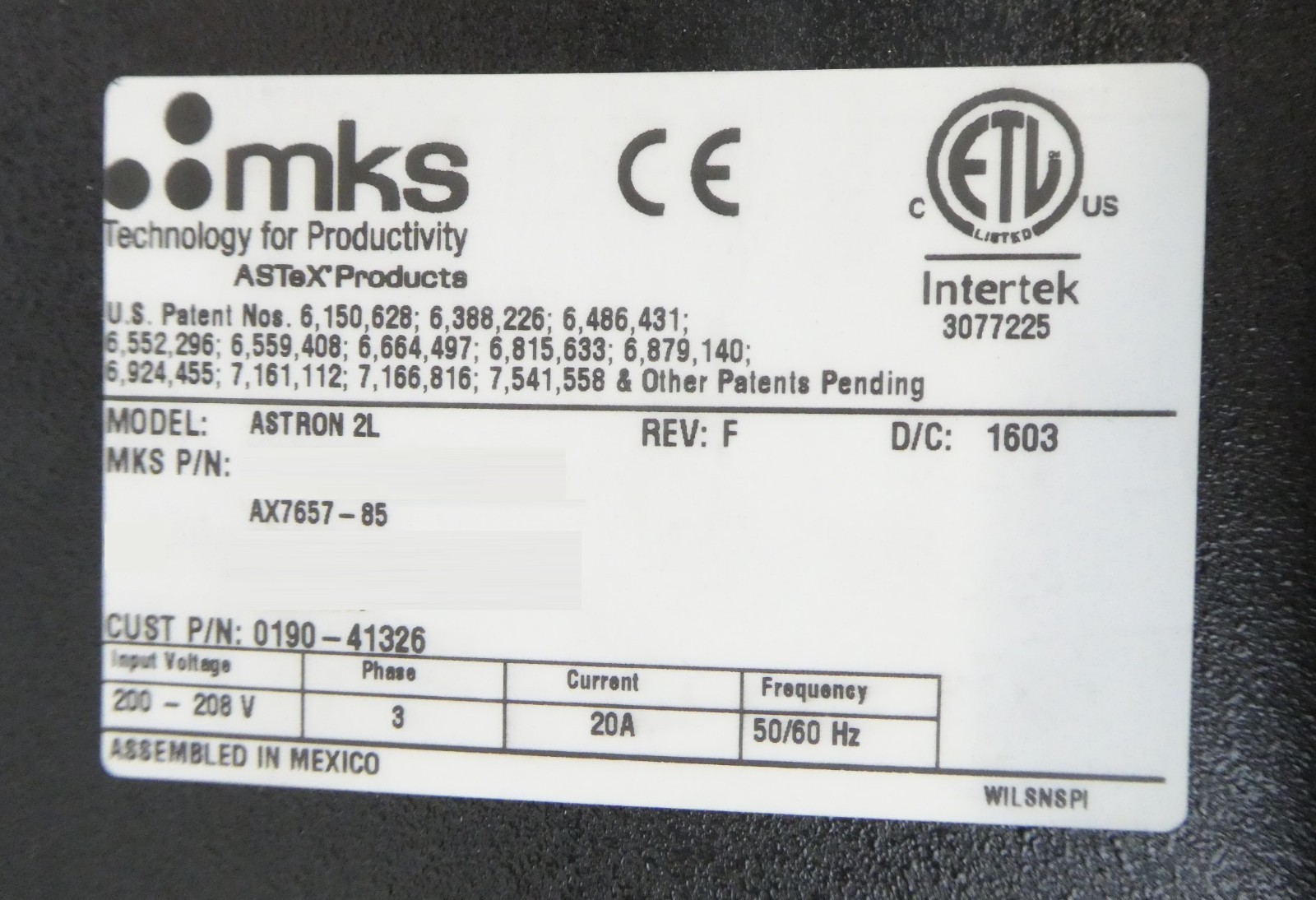 ASTRON 2L MKS Instruments AX7657-85 Plasma Source 3050 Hours Tested Working