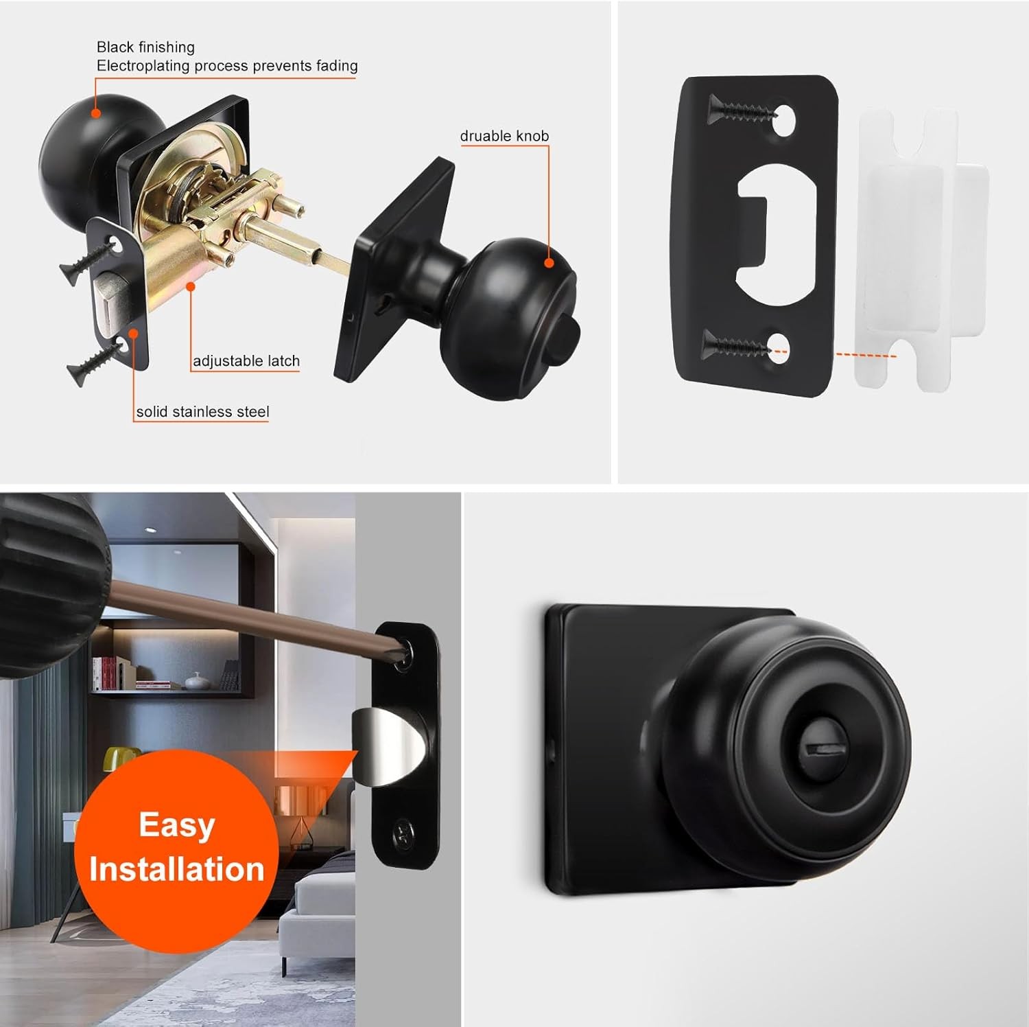 Haidms Black Door Knobs Interior, Square Privacy -6 Pcs, Matte