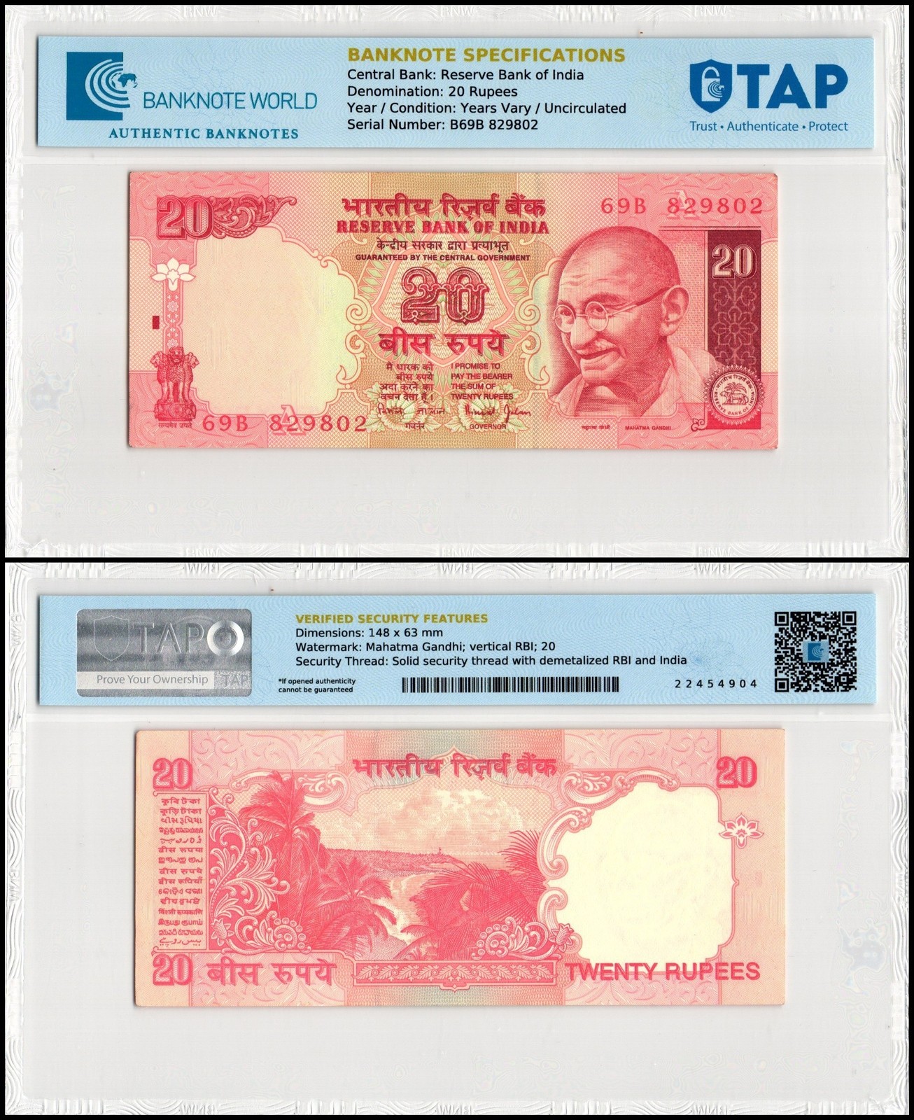 India 20 Rupees, 2002-2006 ND, P-89Ab, UNC, Plate Letter A, TAP Authenticated