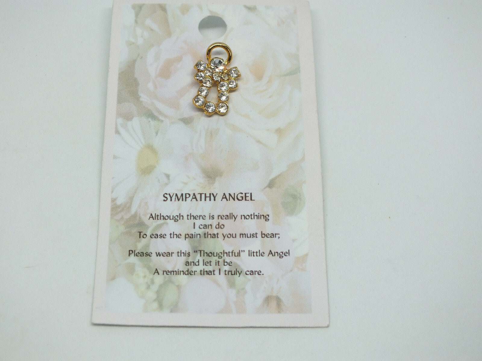 Beautiful Brooch Pin Sympathy Angel Gold Tone Clear Rhinestones Org Card 3/4x1/2
