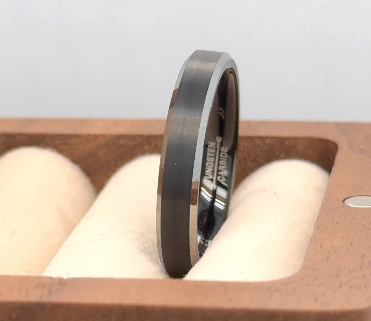 Matt Finish Beveled Edge Future Wife Band Stacking Black & Silver Tungsten Ring