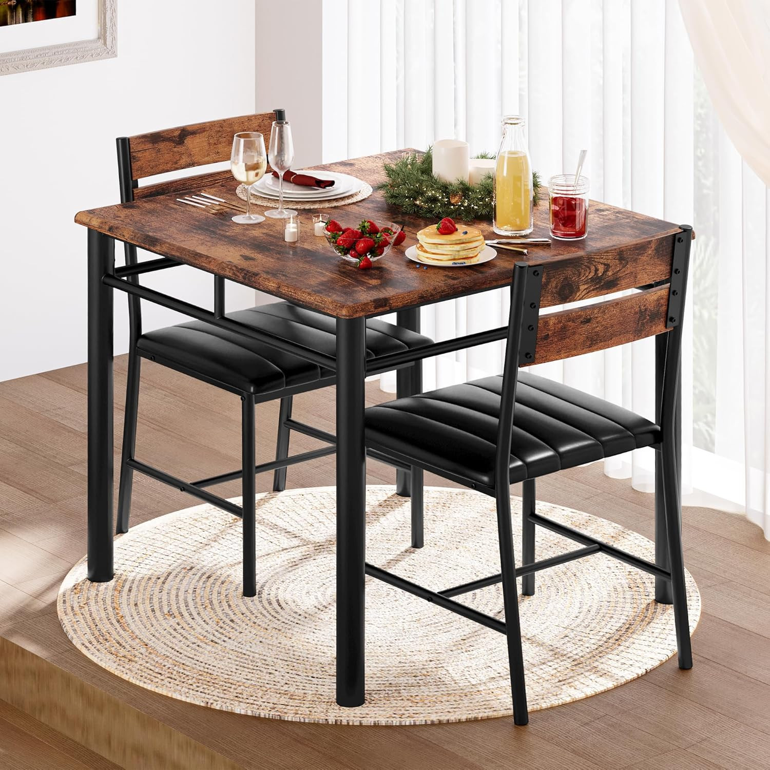 IRONCK Dining Table Set for 2, Small Kitchen Table with Upholstered Chairs Dinni