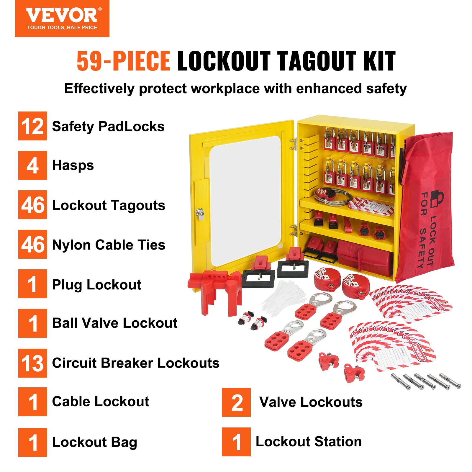 VEVOR 59 PCS Electrical Lockout Tagout Kit Safety Padlocks Hasps Tags Ties Locks