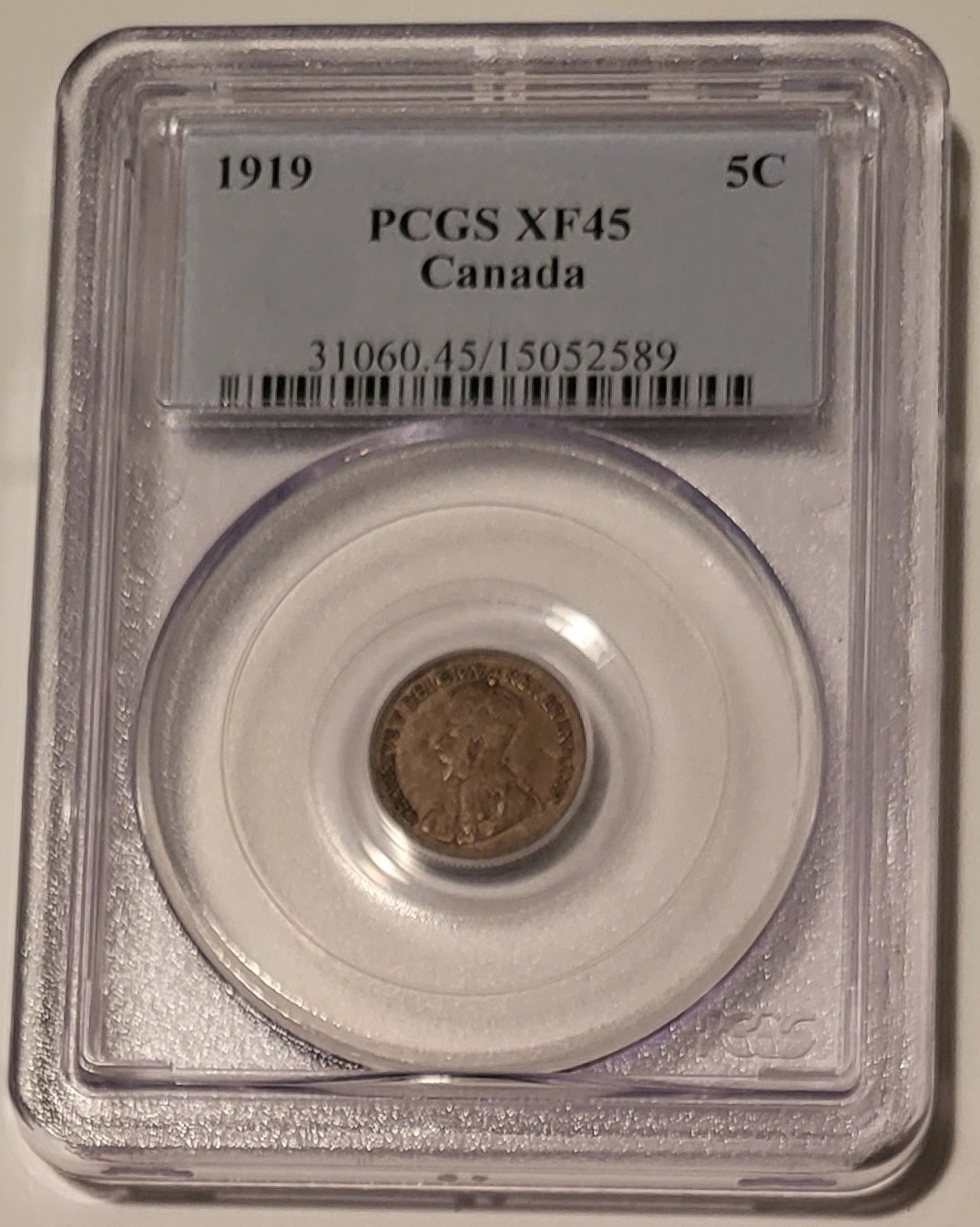 Canada George V 1919 Silver 5 Cents XF45 PCGS Toned