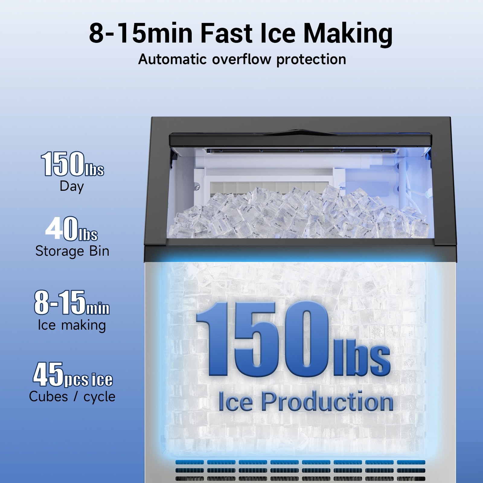 Commercial Ice Maker 150lbs/24H Freestanding Ice Cube Machine with 80 Ice Cubes