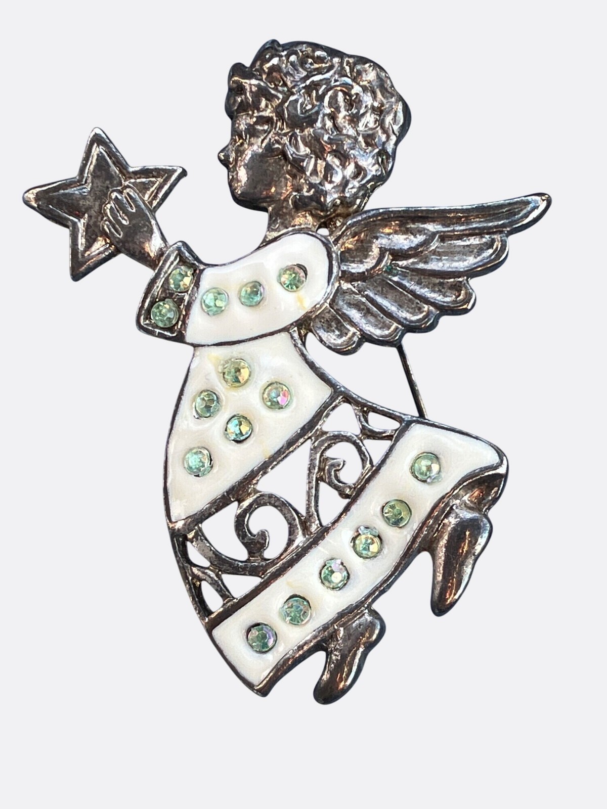 Vintage Christmas Angel Brooch With Green Rhinestones and Enamel Detailing